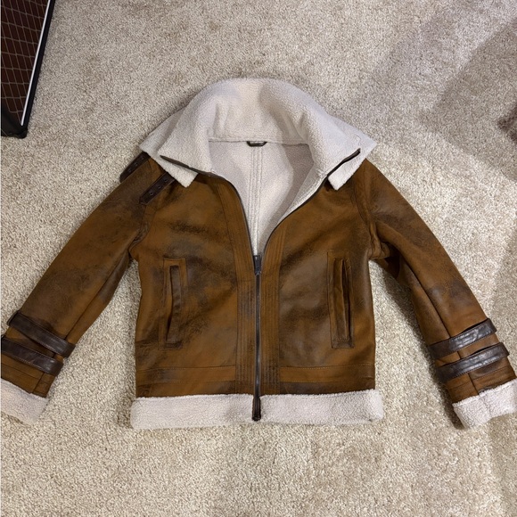 ZARA MEN BROWN FAUX LEATHER CONTRAST DOUBLE COLLAR JACKET 0706/205 M - Picture 2 of 5